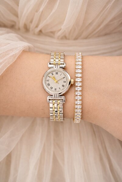 Eloura Accessories Kadın Çelik Kol Saati Çift Renk Roma Rakamlı Gold Taşlı Bi...