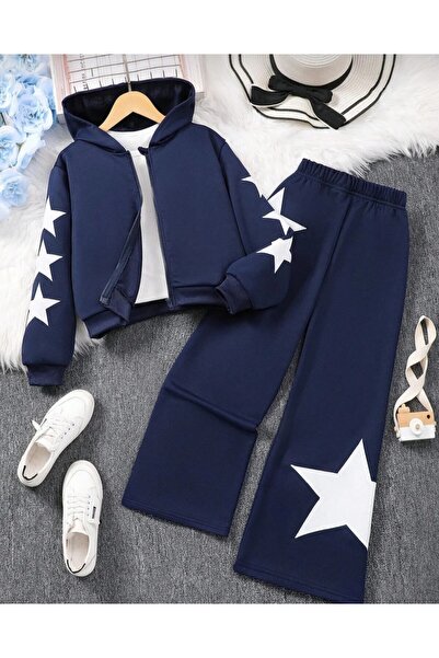 Kids Yıldız baskılı kapşonlu sweatshirt takım ikili kız çocuk takım lacivert