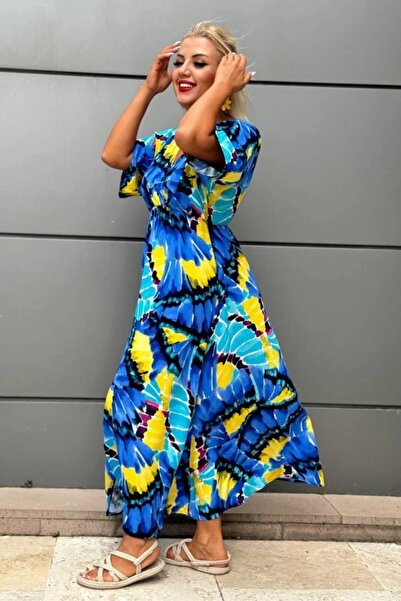 Mia Butik Women's Blue Mosaic Pattern Double Breasted Collar Dress