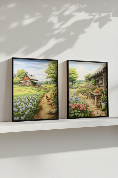 STARYUNA Black Wooden Framed Country House Garden View Double Painting Set Yu...