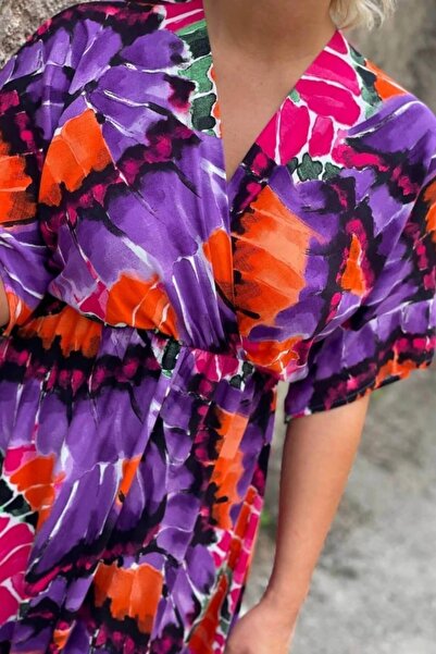 Mia Butik Women's Purple Mosaic Pattern Double Breasted Collar Dress