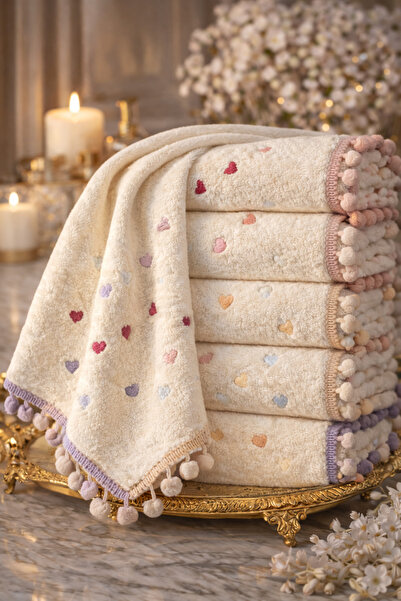 Elaganya Heart Embroidered Pompom 100% Cotton 6-Piece Luxury Hand Towel Set –...
