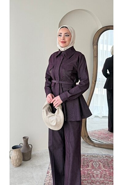 Miraydın Butik طقم جينز بتفاصيل حجرية وحزام خصر - لون البرقوق