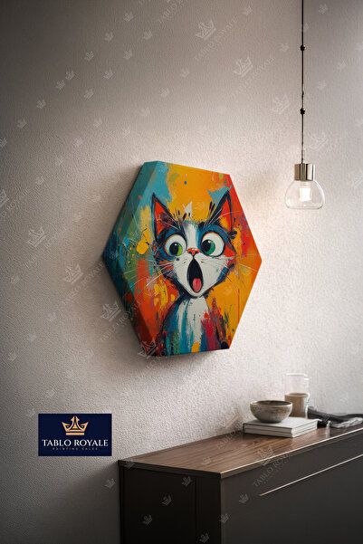Tablo Royale Meraklı Kedi Altıgen Kanvas Tablo