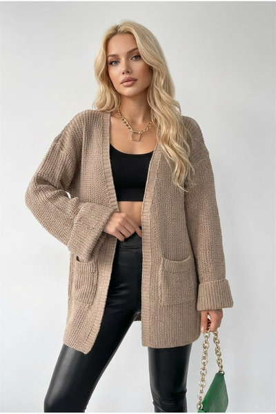 rushana Women's Cardigan Light Brown Pocketed Double Sleeve Knitted Knitwear