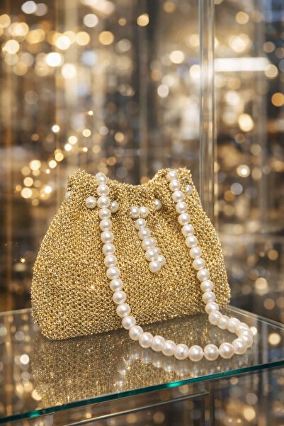 Store Luxe İnci Detaylı Gold Gece Çantası