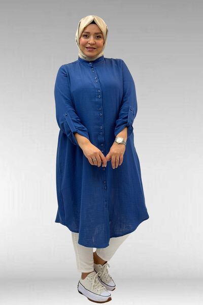 Eslina 58092 Büyük Beden Çift Düğme Detaylı Müslin Gömlek - İndigo