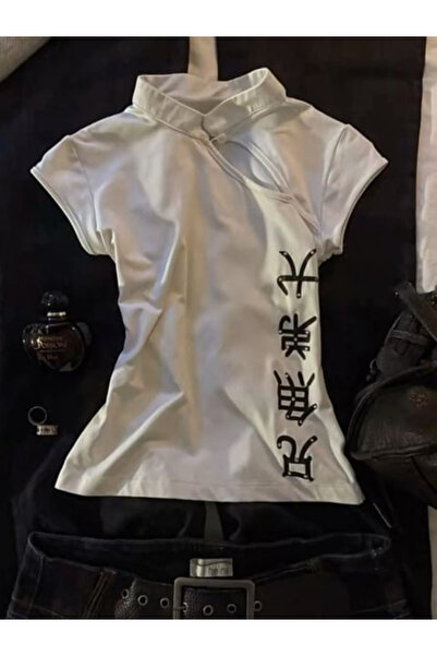 DREICH Beyaz Qipao Vintage Pencere Detaylı Y2K Kısa Kollu Crop