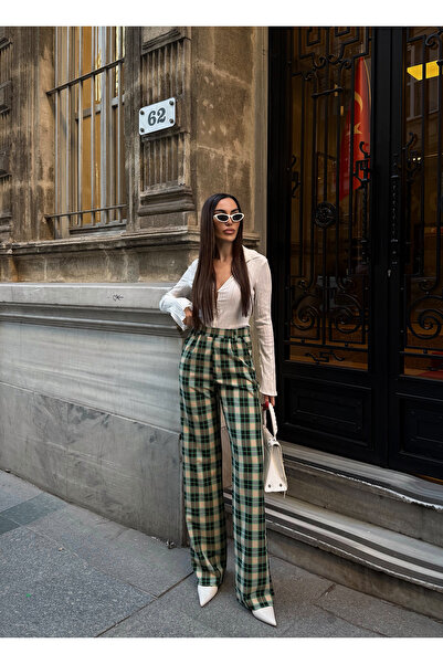 LB Laluna Butik Kadın Yüksek Bel Cepli Ekose Pantolon