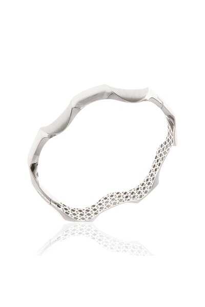 BERK MÜCEVHERAT 14 Ayar Beyaz Altın Dalgalı Kelepçe-5.8 CM