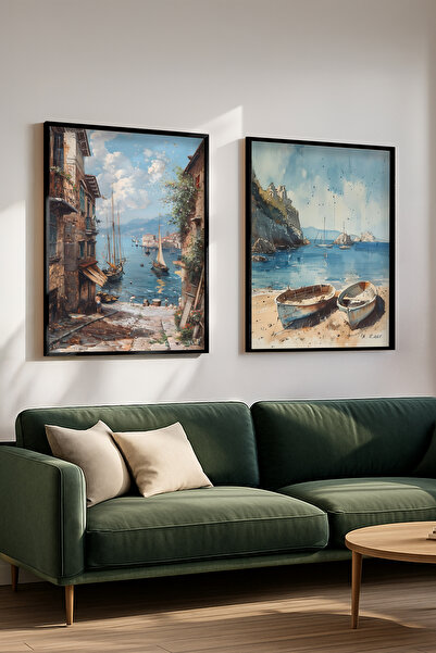 STARYUNA Black Wooden Framed Double Painting Set with View of the Mediterrane...