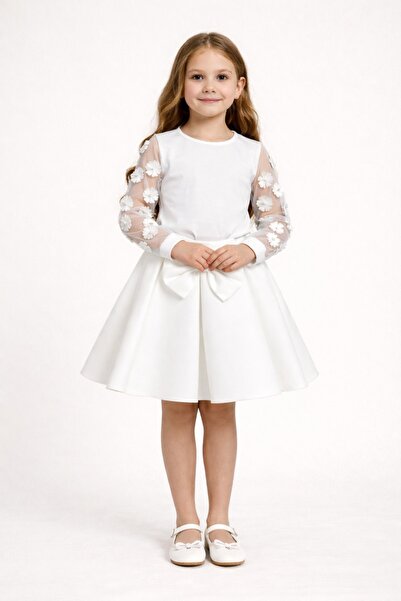 Nacar 23 Nisan 29 Ekim Gösteri Kıyafeti Çiçek Aplikeli Tül Kollu Etekli Kız Ç...