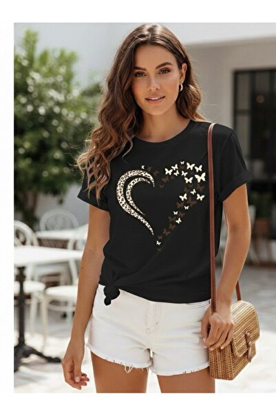Negiysemmoda Unisex Heart Leopard Butterfly Detailed Summer Crew Neck Basic T...