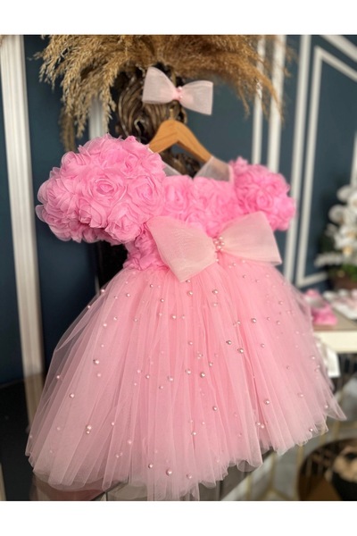 Dizaynbyasena Pink Rose Pearl Fluffy Baby Children's Dress