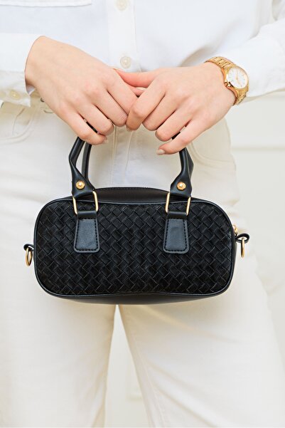 Zeyne Zyn07 Women's Black Knitted Pattern Garnished Mini Hand and Shoulder Bag
