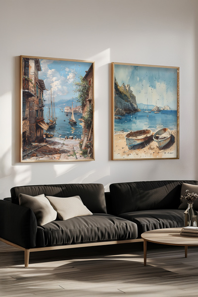 STARYUNA Wooden Framed Double Painting Set with View of the Mediterranean Coa...