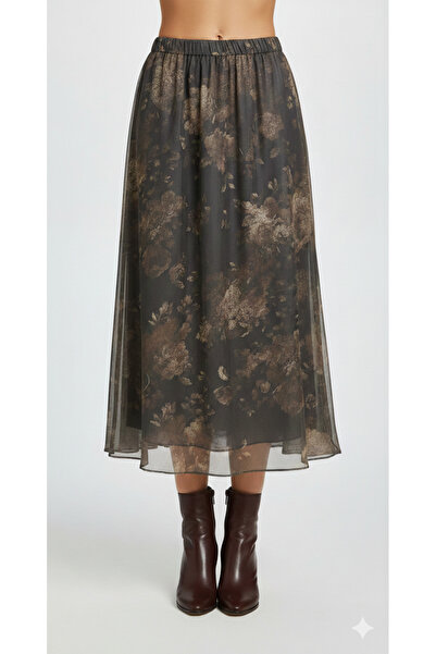 Blue Morpho Floral Pattern Lined Chiffon Skirt