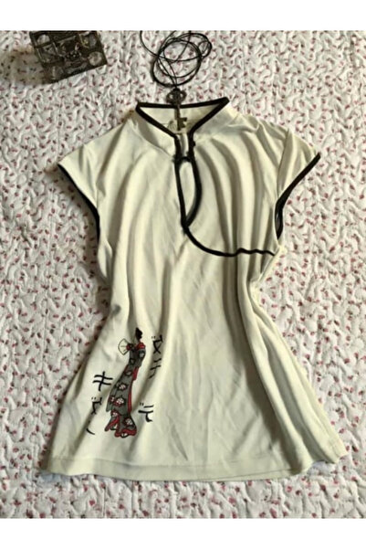 DREICH Ekru Mandarin Yaka Vintage Geisha Baskılı Y2K Kısa Kollu Crop