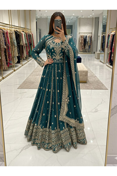 MYSMAR Sea Green Faux Georgette Gown - HRT6801 | Sea Green