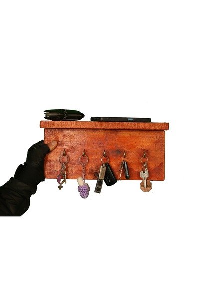 Natura Atölye Masif Ahşap Dekoratif Antre Rafı - 5 Askılı Anahtarlık ve Duvar...