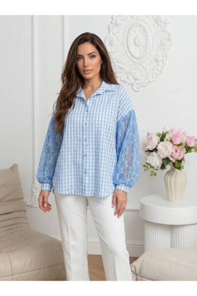 UniqueStore.ro Blue plaid shirt with lace sleeves