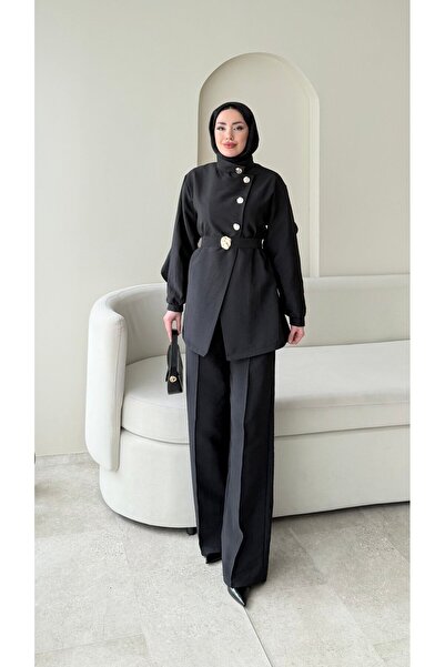 Miraydın Butik Hare Stone Detailed Belted Trouser Suit - Black