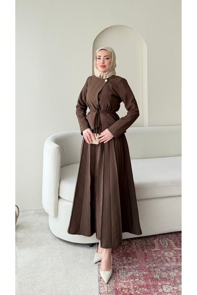 Miraydın Butik Set jachetă cu un singur nasture și fustă plisată - Maro