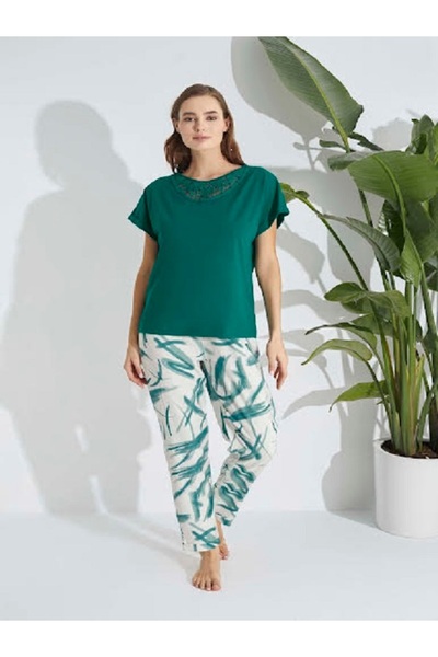 Aydoğan Women's Green Top Patterned Pants Summer Pajama & Home Wear Set