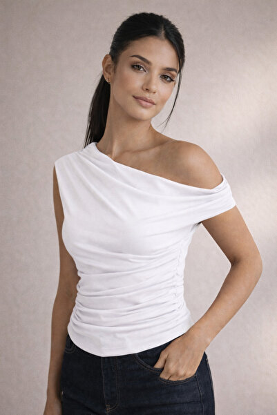 Cuyka Women's One-Shoulder Draped Sandy Fabric Blouse Stylish Fit Casual Comb...