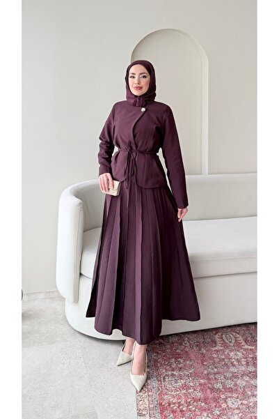 Miraydın Butik طقم سترة بزر واحد وتنورة مطوية - لون البرقوق