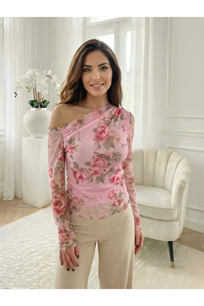 UniqueStore.ro Pink tulle blouse with floral print and bare shoulder