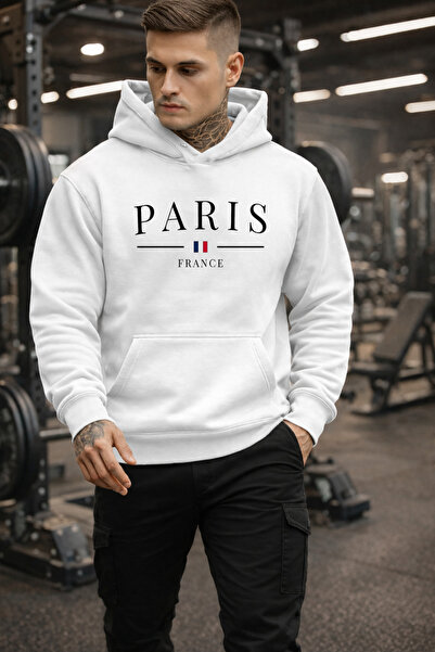 DEEPSENCE Men's White Hooded Sweatshirt Paris