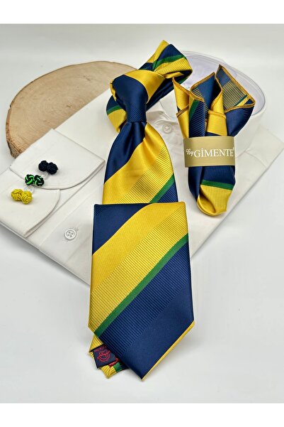 Gutiero Cravată clasică cu dungi galbene și bleumarin și batistă cu dungi