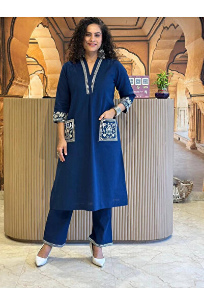 MYSMAR Blue Cotton Salwar Kameez - FFT5823 | Blue