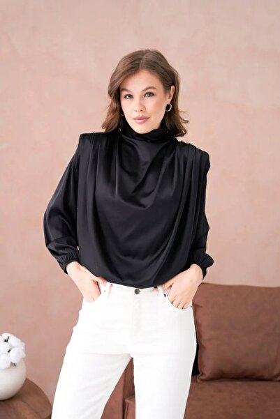 Park Karon Women's Stand Collar Padded Shoulders Button Detail Satin Woven Bl...