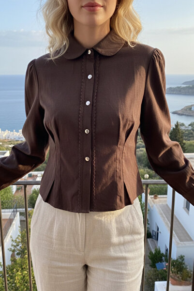 Lusin Women's Brown Stylish Lace Detailed Slim Fit Shirt