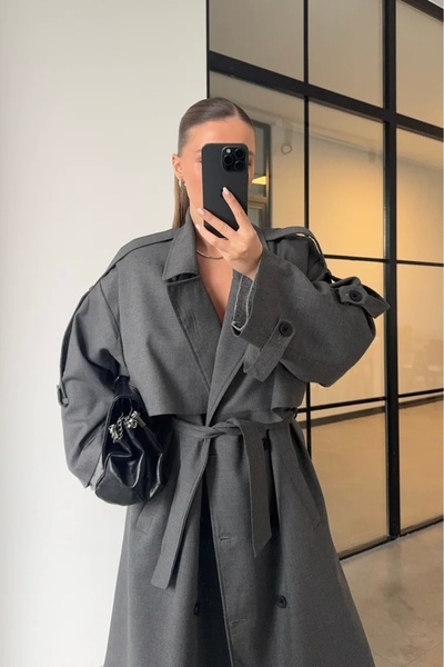 Moderk Long Lined Windbreaker Oversize Belted Epaulet Women's Trench Coat Maxi