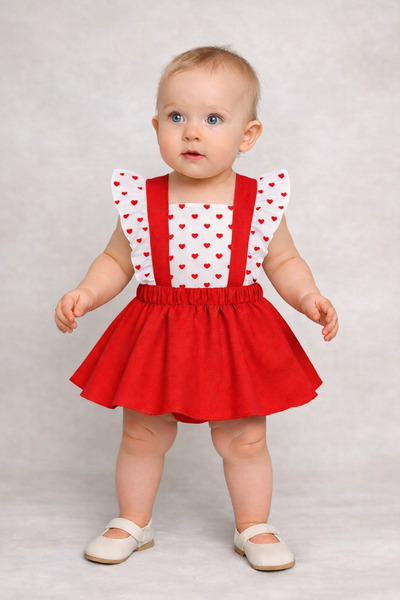 bebekpare Kız Bebek Kırmızı Kalpli Askılı Çapraz Sırtlı Kloş Elbise – %100 Pamuk