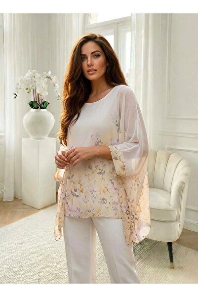 UniqueStore.ro Yellow tunic with floral print and lilac sleeves