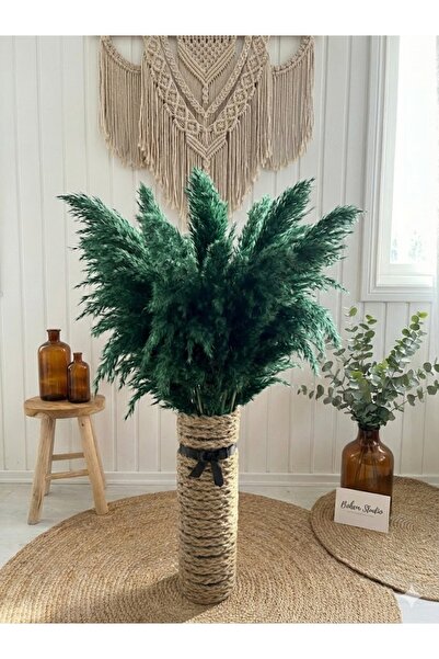 DİĞER1111 Jüt Örgü Yer Vazosu – Yeşil Pampas Aranjmanlı Bohem Dekor