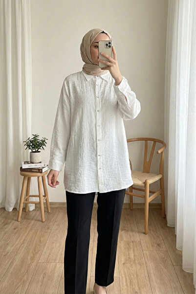 MODAQU Stone Detailed Buttoned Shirt Tunic - White