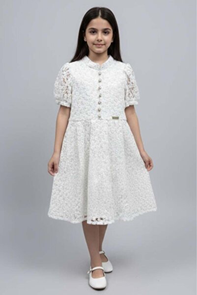Alesaei-mondo tondo (فستان دانتيل أبيض بناتي بنقشة زهور وأزرار لؤلؤية 7321)