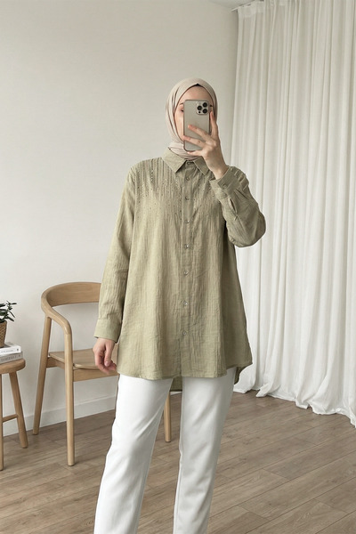 MODAQU Stone Detailed Buttoned Shirt Tunic - Light Mink