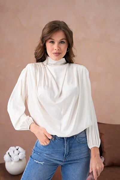 Park Karon Women's Stand Collar Padded Shoulders Button Detail Satin Woven Bl...