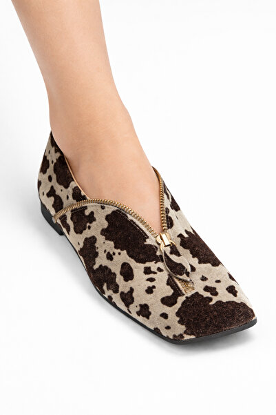 Mariolucci Kadın Bej Kahve Desenli Gold Fermuar Detaylı Günlük Babet