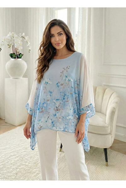 UniqueStore.ro Tunică albastră cu imprimeu floral și mâneci liliac