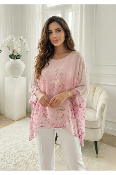 UniqueStore.ro Pink tunic with floral print and lilac sleeves