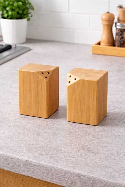 Alvin Doğal Bambu Tuzluk Karabiberlik Seti 7x5 cm Modern Küp Tasarım
