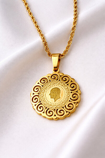 Çelik 22 Ayar Altın Görünümlü İşlemeli Madalyon Kolye –Günlük Kullanım-Alerji...