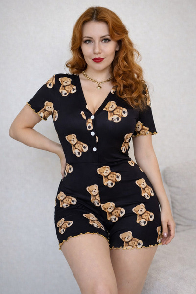 BYEN GİYİM Kadın Önden Düğmeli Mini Tulum Ev Giyim Gömlek Model Rahat Kalıp